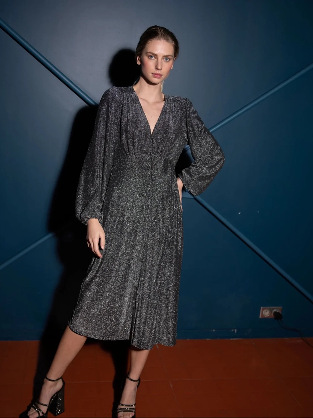 FRNCH Shimmery Silver on Black V-Neck Button-Front Midi Dress
